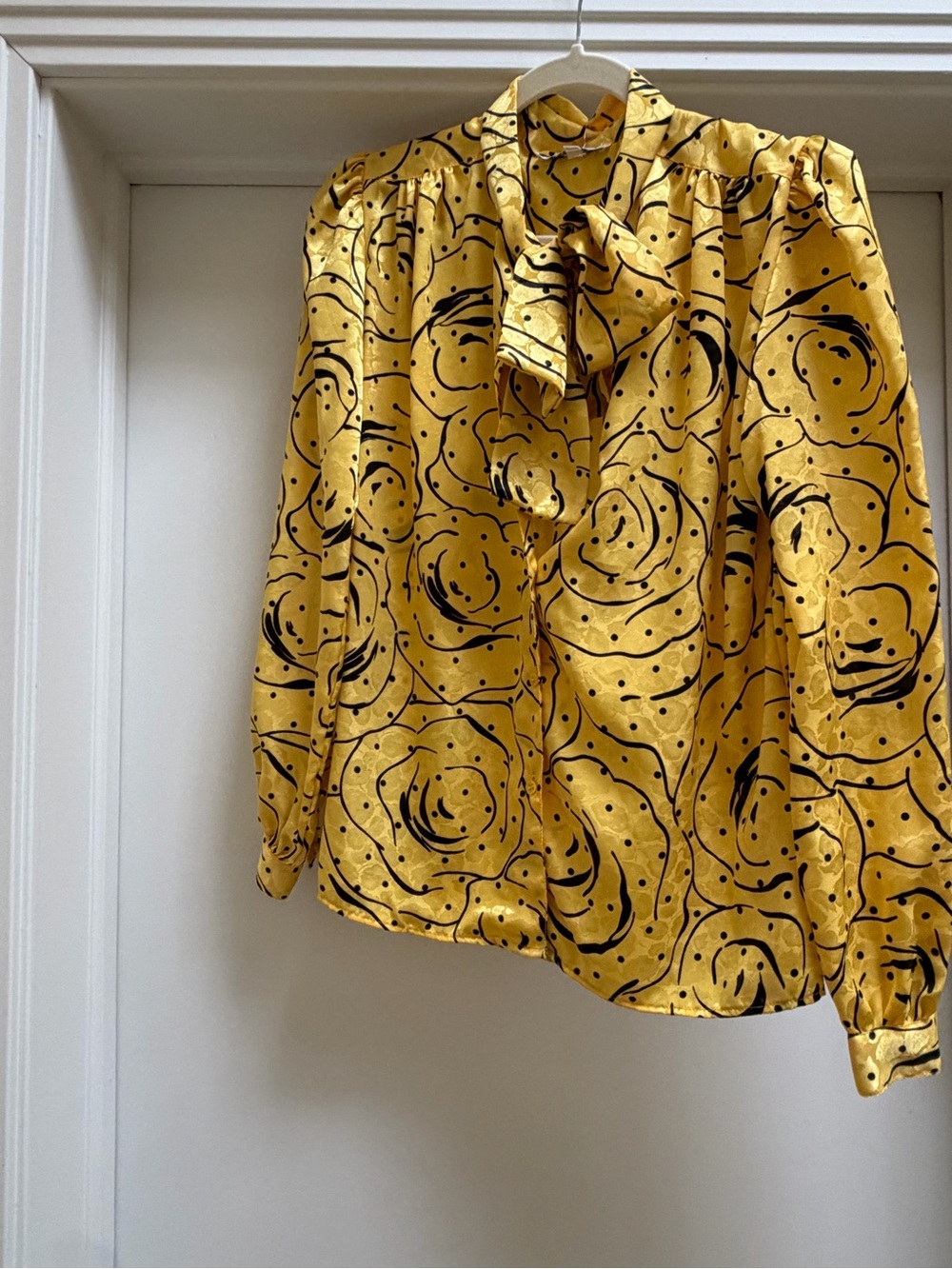 Yellow Floral-Print Satin Blouse with Black Dot Accents